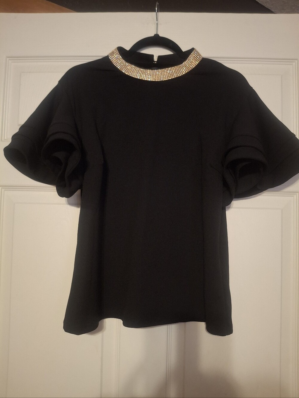 Love Nation Black Short Sleeve Top with Gold Rhinestone Collar